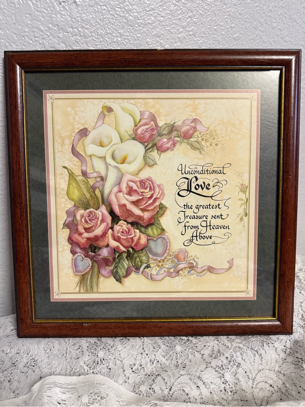 Vintage Home Interiors Pink and Cream Floral "Unconditional Love" Wall Art